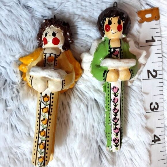VINTAGE‎ Tree Ornaments Set of Two Clothespin Angels Handcrafted 1975 - Picture 3 of 5
